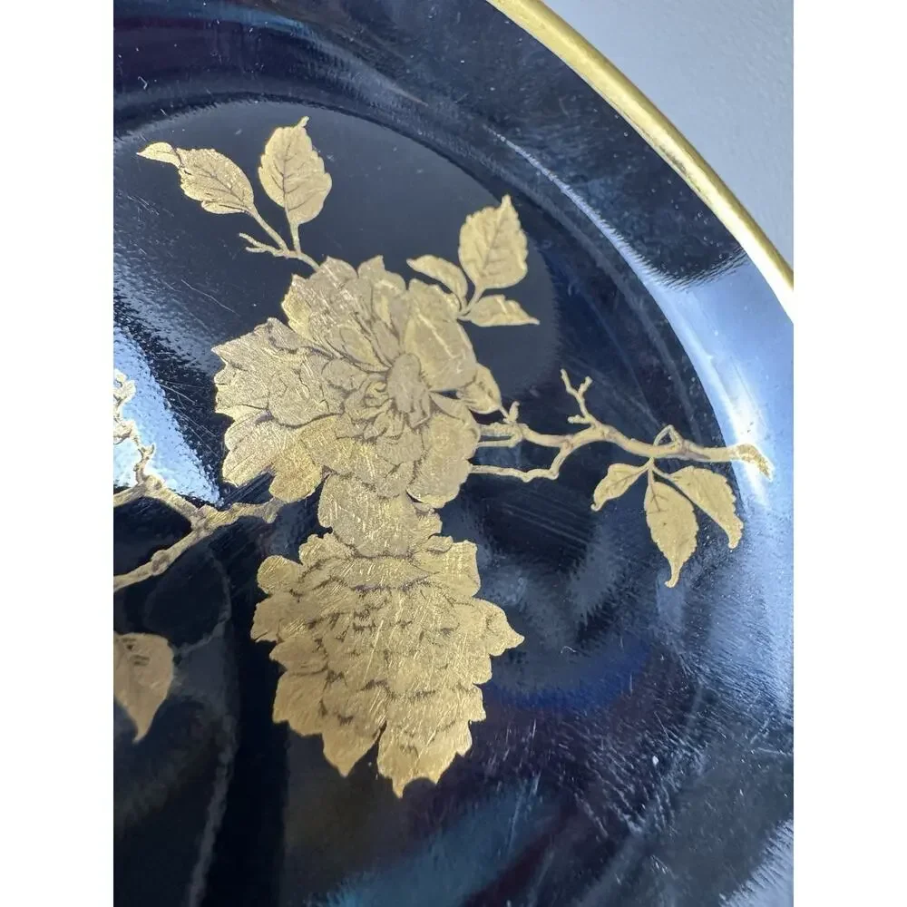Vintage Alboth Kaiser Black Gold Rose Vanity Trinket Dish Constanze Floral 4”